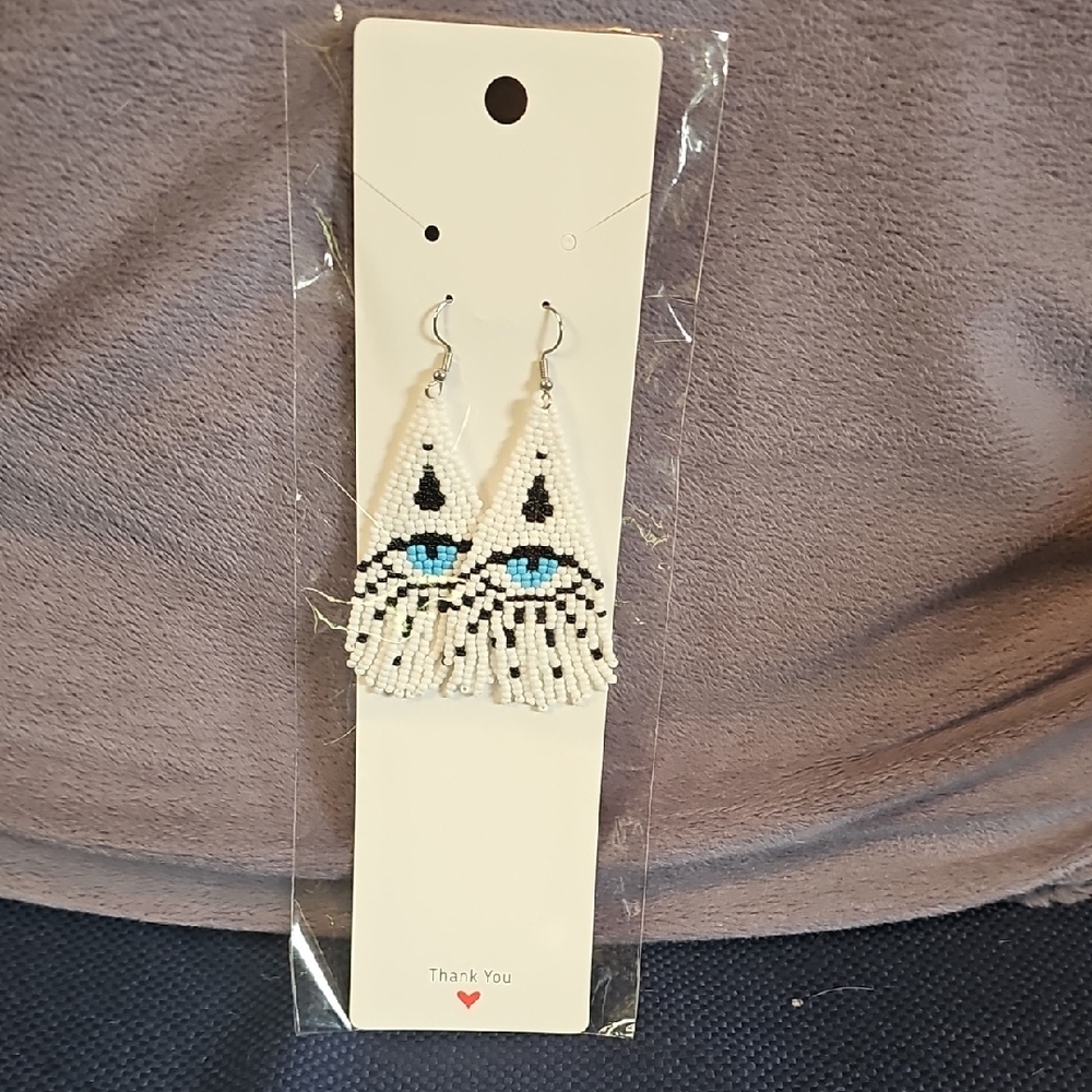 Evil Eye NIP Handcrafted Beaded Earrings with Blue and White Accents